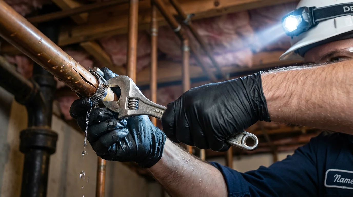 Emergency pipe clamp repair being performed by a Johns Plumbing LLC plumber in Zephyrhills