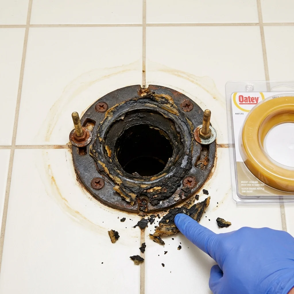 Failed wax ring showing water seepage at the base of a toilet in a Zephyrhills, FL home