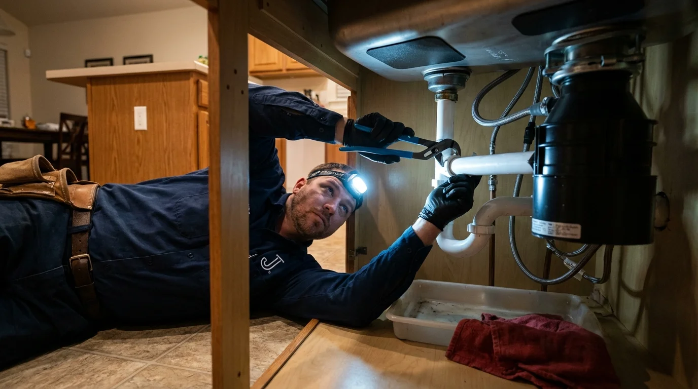 P-trap and supply line connections under a kitchen sink showing a common leak point in Zephyrhills, FL